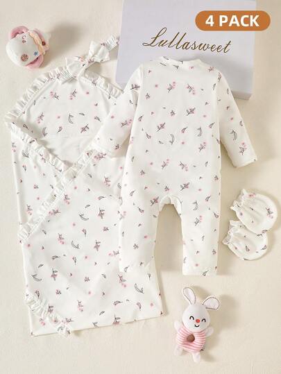 4 pièces Ensemble cadeau pour nouveau-né fille rose clair à fleurs Ditsy Mignon Automne Vacances Body en tricot doux Bandeau Nœud Moufles et Couverture d'emmaillotage 0-9 mois Layette