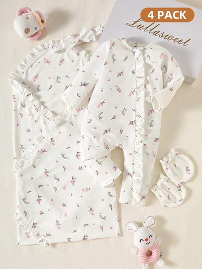 4 pièces Ensemble cadeau pour nouveau-né fille rose clair à fleurs Ditsy Mignon Automne Vacances Body en tricot doux Bandeau Nœud Moufles et Couverture d'emmaillotage 0-9 mois Layette