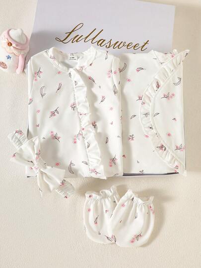 4 pièces Ensemble cadeau pour nouveau-né fille rose clair à fleurs Ditsy Mignon Automne Vacances Body en tricot doux Bandeau Nœud Moufles et Couverture d'emmaillotage 0-9 mois Layette