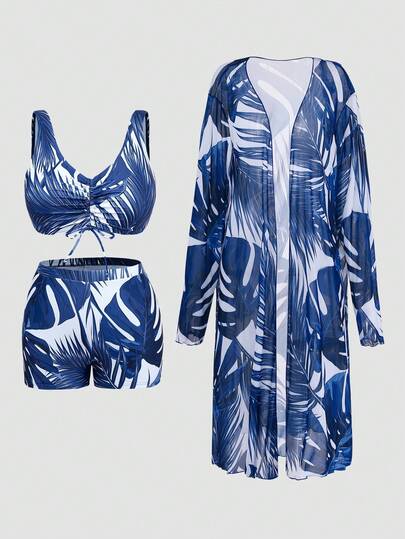 Swim Lushoire Ensemble de bikini d'été à couleur unie mode pour femmes grandes tailles avec cache-maillot et robe