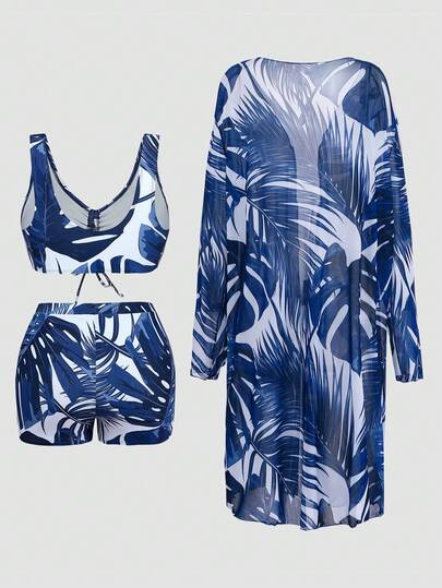 Swim Lushoire Ensemble de bikini d'été à couleur unie mode pour femmes grandes tailles avec cache-maillot et robe