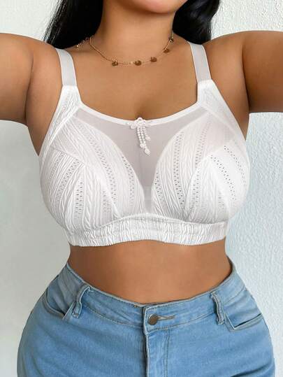 DesireSculpt Soutien-gorge sans couture sans fil en maille de couleur unie avec patchwork, grande taille