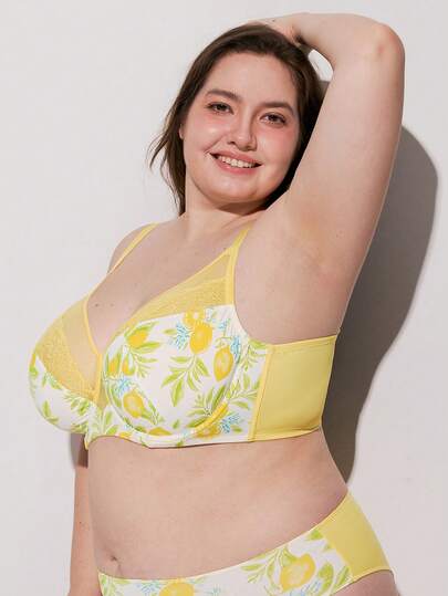 LUVLETTE Soutien-gorge minimiseur sans doublure en dentelle pour femme grande taille, avec armatures, imprimé citron, couverture complète et maintien, style Tropicoqueta, confortable et léger, à la mode vacances