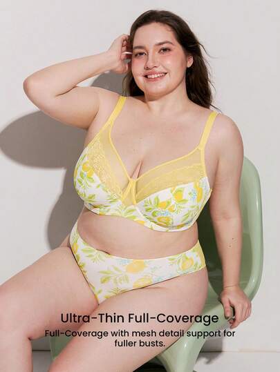 LUVLETTE Soutien-gorge minimiseur sans doublure en dentelle pour femme grande taille, avec armatures, imprimé citron, couverture complète et maintien, style Tropicoqueta, confortable et léger, à la mode vacances