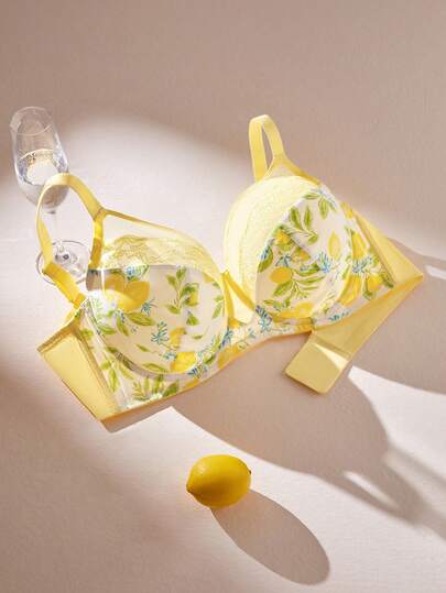LUVLETTE Soutien-gorge minimiseur sans doublure en dentelle pour femme grande taille, avec armatures, imprimé citron, couverture complète et maintien, style Tropicoqueta, confortable et léger, à la mode vacances