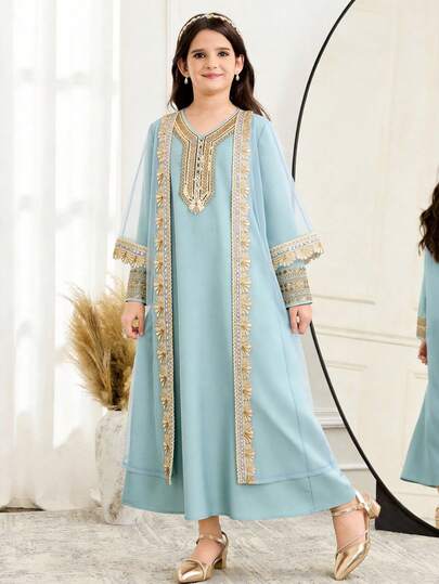 Ensemble 2 pièces pour jeune fille : cardigan en maille avec ruban doré et contraste de couleur & robe col V, robe abaya, robe arabe, abayas pour jeune fille