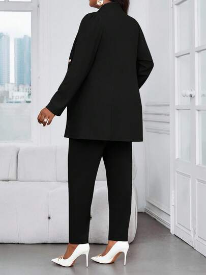 grande taille Automne et Hiver Élégant Bureau Navette Noir Tricoté Col Montant Bouton Or Manches Longues grande taille Co-Ords grande taille Manteaux Fausse Fourrure Formel