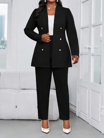 grande taille Automne et Hiver Élégant Bureau Navette Noir Tricoté Col Montant Bouton Or Manches Longues grande taille Co-Ords grande taille Manteaux Fausse Fourrure Formel