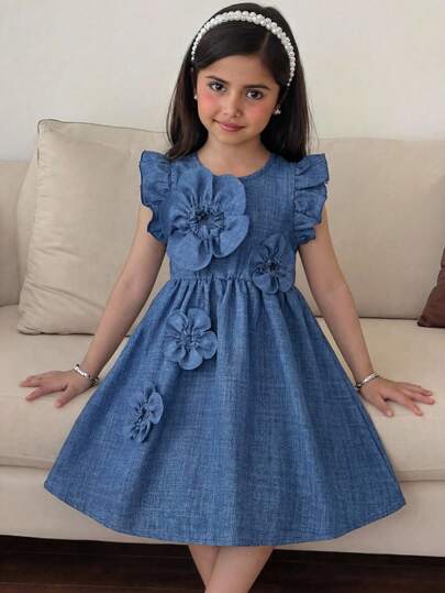 LMoss Kids Robe à col rond bleu à 5 pétales 3D avec goutte pour jeune fille, sans manches,