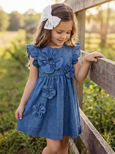 LMoss Kids Robe à col rond bleu à 5 pétales 3D avec goutte pour jeune fille, sans manches,