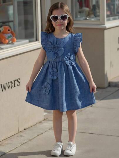 LMoss Kids Robe à col rond bleu à 5 pétales 3D avec goutte pour jeune fille, sans manches,