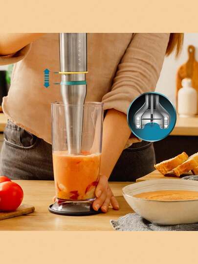 Cecotec Katana TotalDestroy 1500XL DK Hand Blender, 1500 W, 21 vitesses et Turbo, 4 lames en titane noir, capot anti-éclaboussures, pied extra-long, gobelet de 800 ml, avec couvercle.