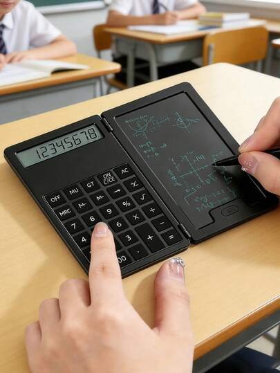 Calculatrice pliable 2-en-1 avec petit bloc-notes, écran LCD 12 chiffres, pile bouton, mini calculatrice portable pour étudiants et bureau, traces d'écriture à faible luminosité normales, uniquement pour notes rapides et temporaires, rentrée scolaire