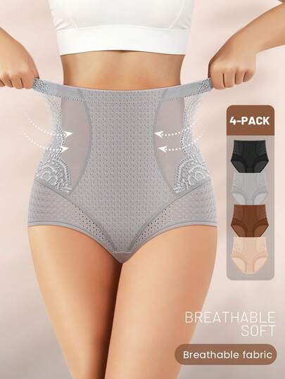 4 pièces Culottes sculptantes taille haute grande taille, couleur unie, contrôle du ventre, coupe sans couture
