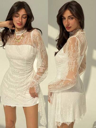Aloruh Robe mini élégante pour femmes avec dentelle florale et volants, col montant, tenue d'automne, robe d'automne, robe de soirée, robe de Noël