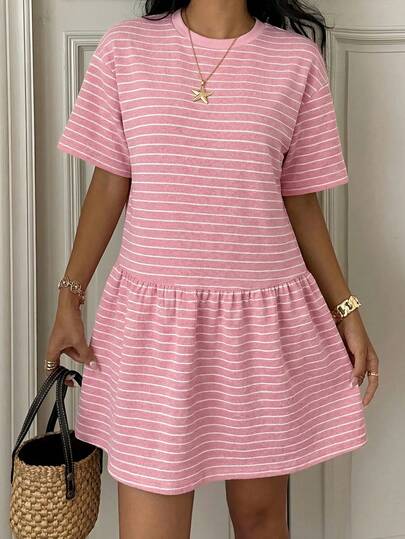 EZwear Robe babydoll ample en tricot rayé décontractée d'été pour femmes, t-shirt preppy rose à manches courtes, tenues pour femmes