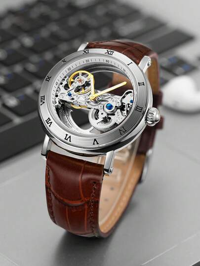 FORSINING 1 pièce Montre mécanique automatique classique rétro pour hommes, à un pont transparent et ajouré, avec échelle en chiffres romains, mouvement finement ciselé, bracelet marron de marque haut de gamme. Montre de mode et de bureau décontracté pour