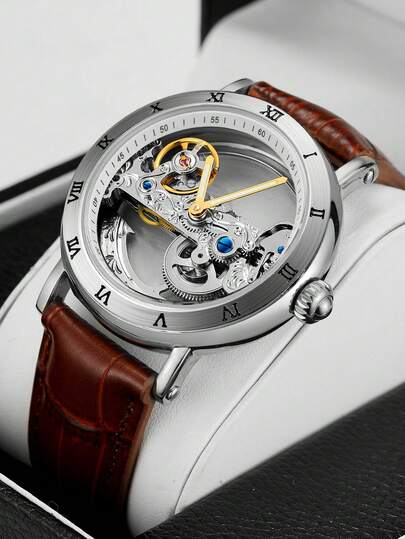 FORSINING 1 pièce Montre mécanique automatique classique rétro pour hommes, à un pont transparent et ajouré, avec échelle en chiffres romains, mouvement finement ciselé, bracelet marron de marque haut de gamme. Montre de mode et de bureau décontracté pour