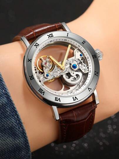 FORSINING 1 pièce Montre mécanique automatique classique rétro pour hommes, à un pont transparent et ajouré, avec échelle en chiffres romains, mouvement finement ciselé, bracelet marron de marque haut de gamme. Montre de mode et de bureau décontracté pour
