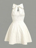 Girlism Robe élégante blanche à motif jacquard et nœud pour jeunes filles