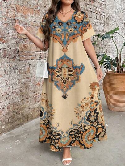 EMERY ROSE Robe longue vintage à imprimé cachemire col V, manches courtes, coupe évasée, grande taille. Robe d'invitée de mariage, tenue élégante pour occasions formelles et décontractées, été