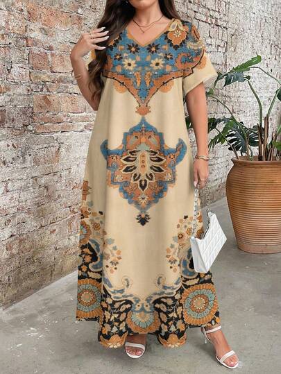 EMERY ROSE Robe longue vintage à imprimé cachemire col V, manches courtes, coupe évasée, grande taille. Robe d'invitée de mariage, tenue élégante pour occasions formelles et décontractées, été