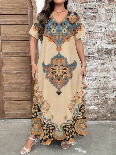 EMERY ROSE Robe longue vintage à imprimé cachemire col V, manches courtes, coupe évasée, grande taille. Robe d'invitée de mariage, tenue élégante pour occasions formelles et décontractées, été