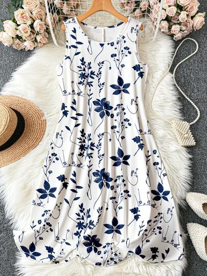 EMERY ROSE Robe décontractée ample à col rond sans manches avec imprimé végétal pour femmes grandes tailles. Robe d'été fleurie bohème pour femmes. Robe d'été bleue et blanche à fleurs pour femmes