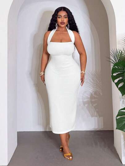 Slaydiva Robe moulante blanche élégante et glamour pour femmes grandes tailles, dos nu, col licou, fente, pour soirée d'été, cocktail, club, fête, invitée de mariage