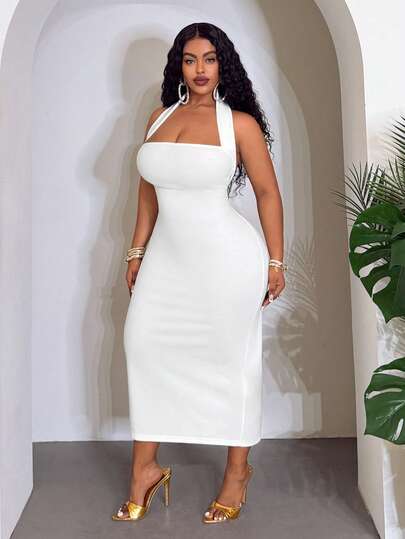 Slaydiva Robe moulante blanche élégante et glamour pour femmes grandes tailles, dos nu, col licou, fente, pour soirée d'été, cocktail, club, fête, invitée de mariage
