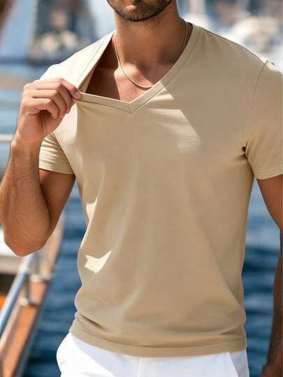 T-shirt à manches courtes col V couleur unie décontracté et polyvalent pour hommes
