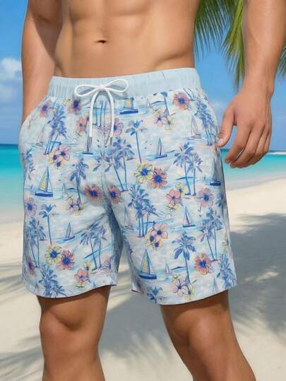 Short de plage décontracté pour homme avec imprimé bateau à voile et palmier