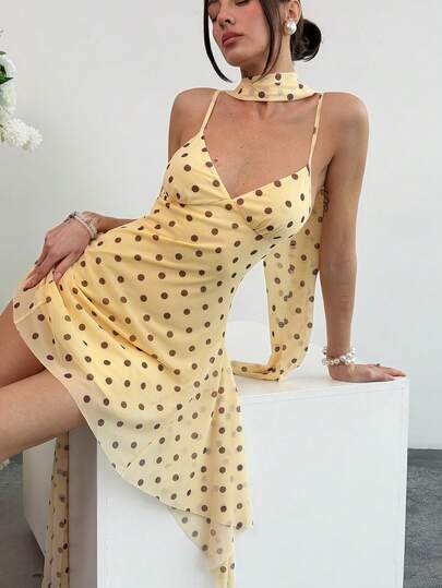 Aloruh Robe mini à bretelles spaghetti imprimée à pois pour femmes, tenues d'été pour vacances à la plage, style bohème mignon tropical