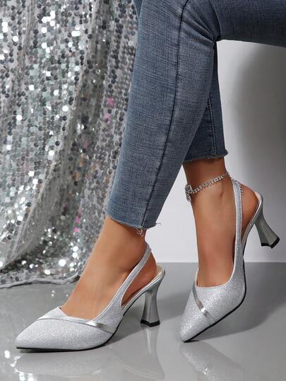 2026 Nouvelles chaussures à talons hauts à bout pointu et bride arrière pour femmes, escarpins élégants à talons fins pailletés, sandales polyvalentes à bout ajouré, disponibles en 4 couleurs : or, argent, noir et pois, chaussures de navette confortables