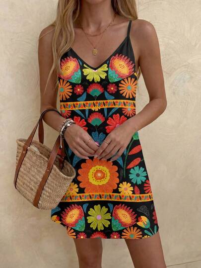LUNE Robe mini à fines bretelles avec imprimé floral bohème pour femme, décontractée. Convient pour les vacances d'été, les sorties et les tenues chics.
