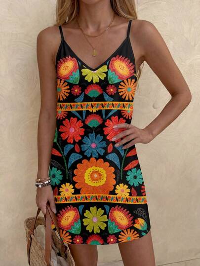 LUNE Robe mini à fines bretelles avec imprimé floral bohème pour femme, décontractée. Convient pour les vacances d'été, les sorties et les tenues chics.