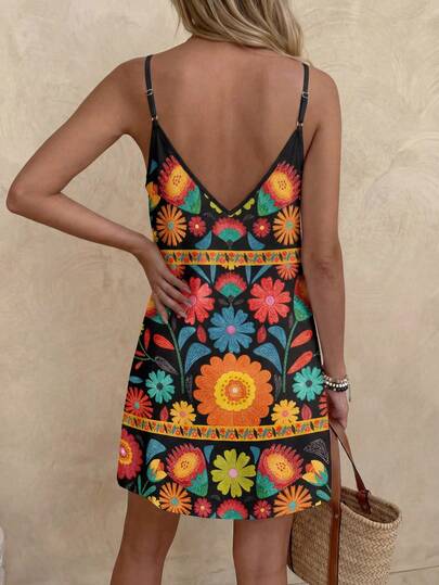 LUNE Robe mini à fines bretelles avec imprimé floral bohème pour femme, décontractée. Convient pour les vacances d'été, les sorties et les tenues chics.