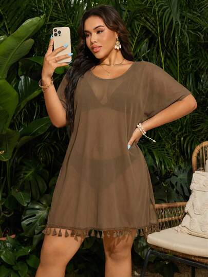Swim Vcay Couvre-tout avec franges transparentes et dos nu pour grande taille, idéal pour les vacances à la plage