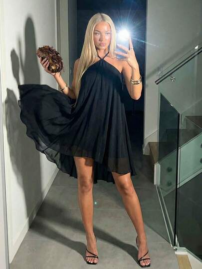 ICON Robe mini élégante d'été pour femme, couleur unie, col licou, ourlet asymétrique, noire, mode pour soirée et fête