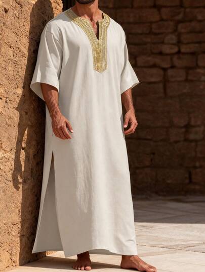 GOLDREDY Robe longue à manches courtes pour homme, style décontracté mode, patchwork, col brodé personnalisé, minimaliste, élégante, polyvalente pour les trajets quotidiens, style unique