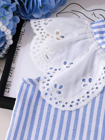 Elladie kids Ensemble 2 pièces pour filles (petit) : Débardeur en dentelle à rayures bleues et blanches + Jupe plissée blanche, tenue fraîche et pour le port extérieur des enfants en été