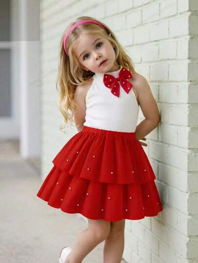 Elladie kids 2 pièces/Ensemble Tenue de fête pour jeune fille avec nœud en perles, Top côtelé à col licou avec jupe à volants rouge, Vêtements élégants d'été doux pour le 7ème anniversaire et les sorties