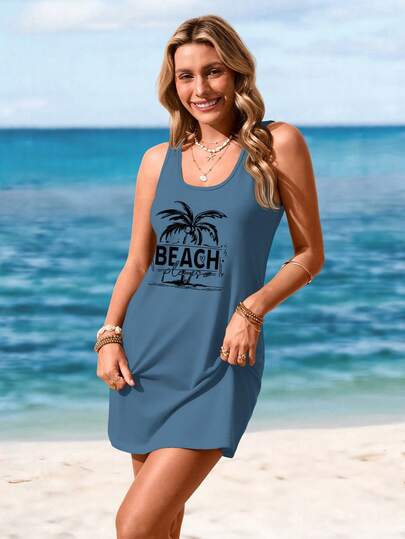 LUNE Robe d'été sans manches minimaliste et décontractée avec motif de palmier, convient pour l'été, le printemps et les vacances
