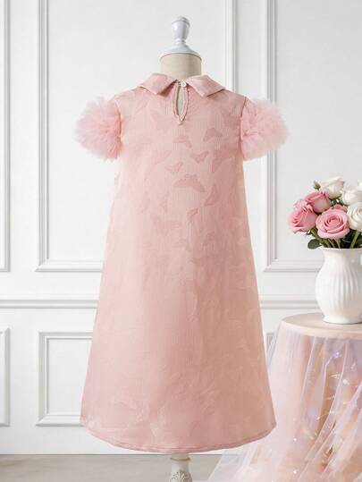 Robe en tannelette à manches bouffantes en maille contrastée et jacquard papillon pour préadolescentes