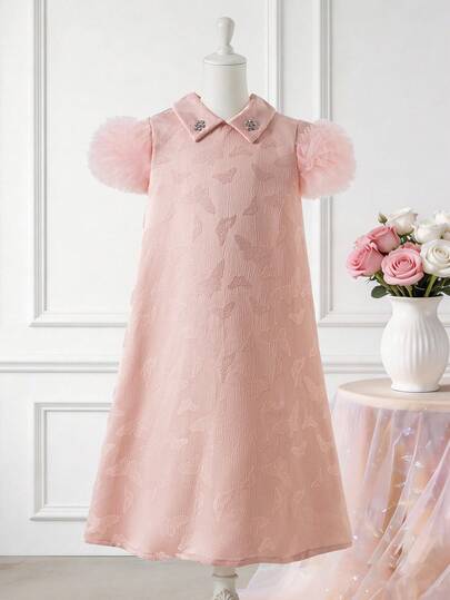 Robe en tannelette à manches bouffantes en maille contrastée et jacquard papillon pour préadolescentes