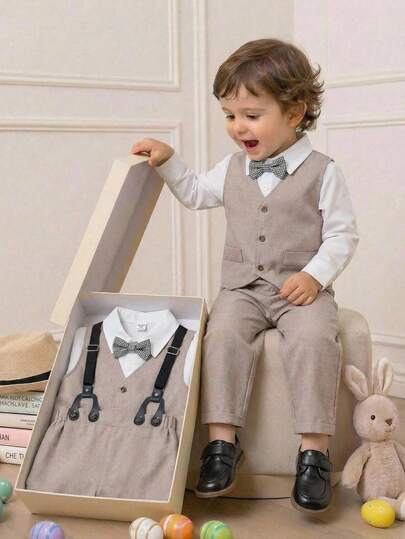 3 pièces Ensemble de tenue de gentleman pour jeunes garçons : Chemise blanche col chemisier avec nœud papillon, gilet gris et pantalon à bretelles, mode pour fête d'anniversaire, mariage, anniversaire