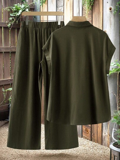 Linhara Ensemble 2 pièces grande taille pour femme, chemise d'été décontractée vert olive à manches courtes avec boutons devant et texture effet lin, et pantalon ample à taille élastique pour vacances