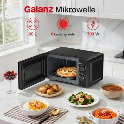 Micro-ondes Galanz 700 W 20 L, avec plusieurs niveaux de chauffage, format mini compact, idéal pour la maison et les petits espaces.