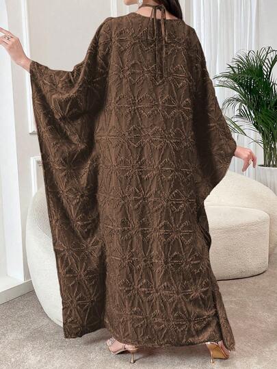 Al Najma Robe maxi ample femme à manches chauve-souris texturées avec motif palmier, style turc