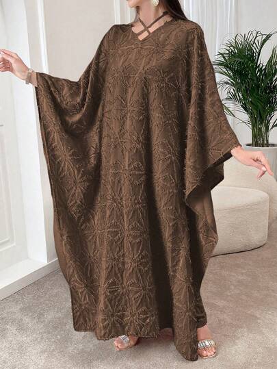 Al Najma Robe maxi ample femme à manches chauve-souris texturées avec motif palmier, style turc